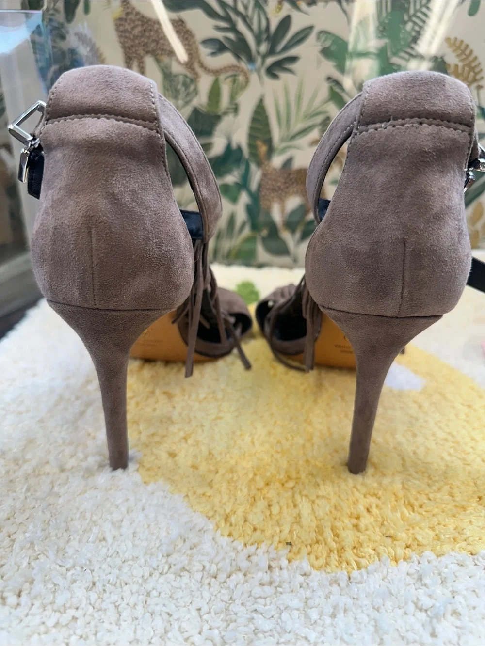 Vince Camuto Fringe Suede Ankle Strap Heels - Taupe